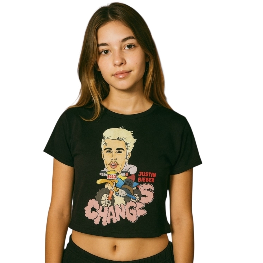 Justin Bieber Y2K Baby Tee BP Medium Black Graphic Crop Top - Picture 1 of 12